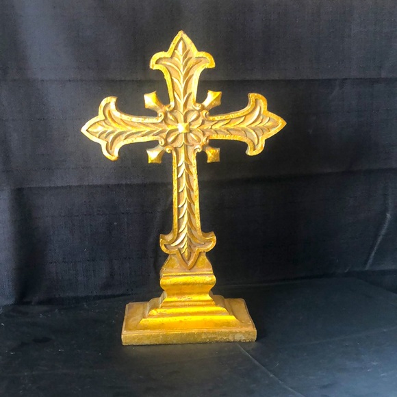Gold cross figure: Renaissance antiquity ornate gothic style - wood carved 14” - Picture 2 of 5